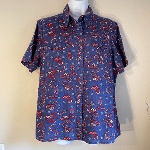 Vintage Wrangler Blues Western Short Sleeve Shirt Cowboy Novelty Snap Front LG